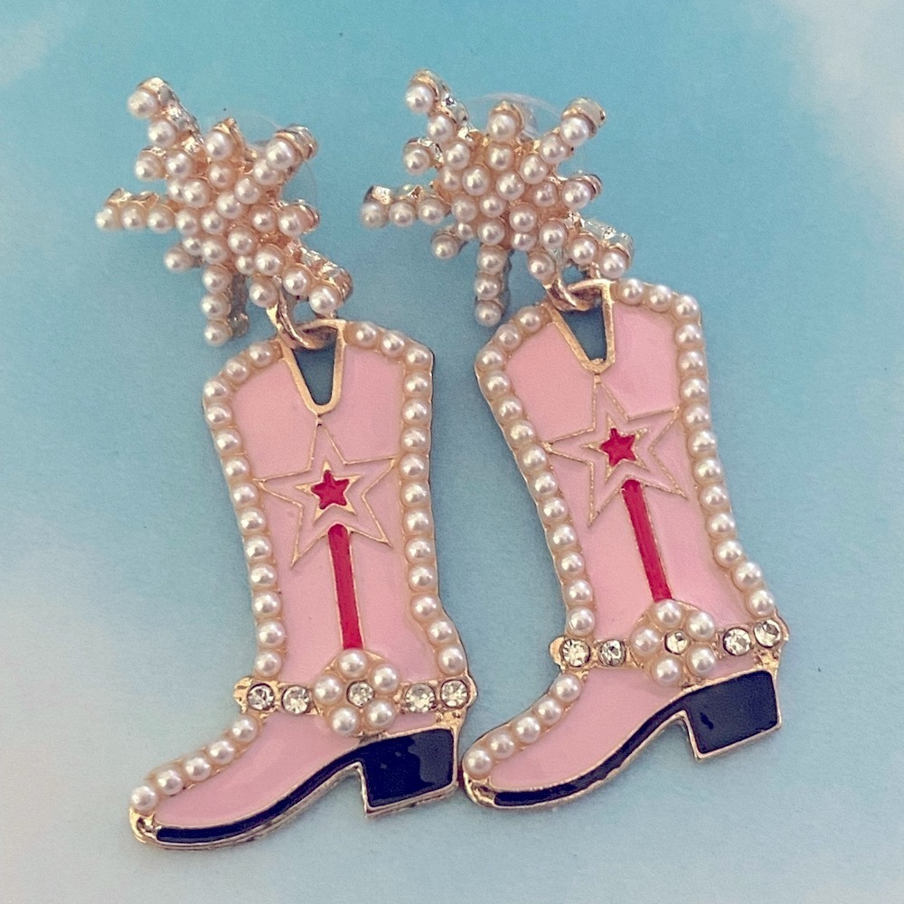 Pearl beaded rhinestone Pink Cowboy Boot Dangle Earrings star sunflower detail